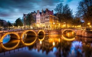 Amsterdam, Nederland, city, evening, lights, river, bridge, houses, trees wallpaper thumb