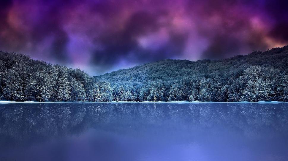 A Purple Sky wallpaper,forest HD wallpaper,a purple sky HD wallpaper,lake HD wallpaper,winter HD wallpaper,nature & landscapes HD wallpaper,1920x1080 wallpaper