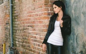 Women, Dark Hair, Leather Jackets, White Tops, Leather Pants, Smoky Eyes, Wall wallpaper thumb