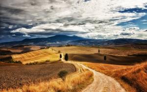 Italy Tuscany, walking paths, trees, hills, grass, sky, clouds wallpaper thumb