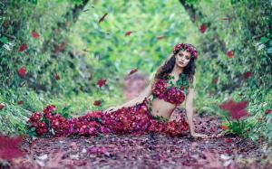 Beautiful girl, flowers dress, leaves, autumn wallpaper thumb