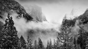 Landscape Clouds BW Mountains Trees HD wallpaper thumb