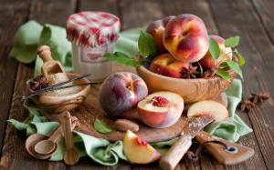 Nectarine fruit, peaches, sugar, board, still life wallpaper thumb