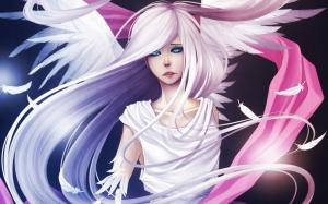 White hair angel girl, wings, feathers wallpaper thumb