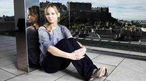 Jennifer Lawrence, blondes, women, cityscapes, actresses, rooftops, sitting, reflections wallpaper thumb