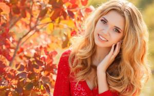 Autumn, blonde girl, smile, red dress, leaves wallpaper thumb