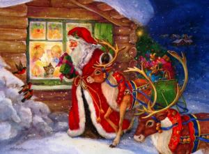 santa claus, reindeer, window, kids, gifts, holiday, christmas, birds wallpaper thumb