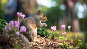 Animal close-up, squirrel in summer, flowers wallpaper thumb