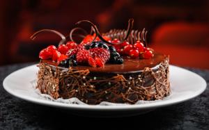 Chocolate cake, berries, raspberries, blueberries, currants, dessert wallpaper thumb