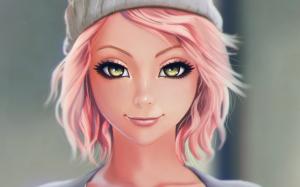 Beautiful pink haired fantasy girl, smile, hat wallpaper thumb