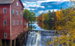 River, trees, autumn, waterfalls, house, water mill wallpaper thumb