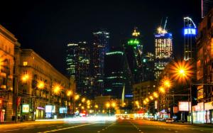 Moscow city night, Russia, road, houses, skyscrapers, lights, illumination wallpaper thumb