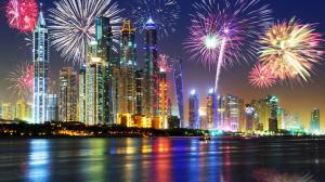 UAE, Dubai, beautiful night, waterfront, skyscrapers, lights, fireworks wallpaper thumb