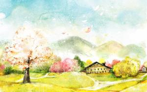 Digital Art, Painting, Trees, House, Mountains, Scenery wallpaper thumb