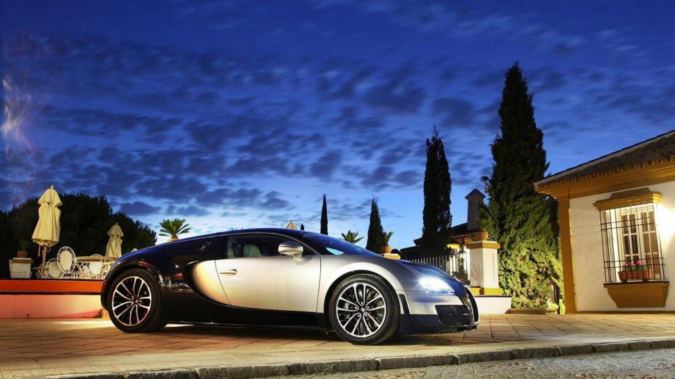 Super Bugatti At A Super Mansion wallpaper,lights HD wallpaper,driveway HD wallpaper,mansion HD wallpaper,night HD wallpaper,cars HD wallpaper,1920x1080 wallpaper