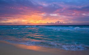 Sea, waves, beach, sunset, red sky wallpaper thumb