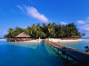 Maldives, island, beach, bridge, house, trees, sky, sea wallpaper thumb