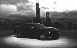 Ford Mustang black car, dark night, city wallpaper thumb
