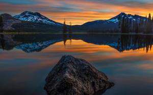 Sunset, lake, water reflection, mountains, trees wallpaper thumb