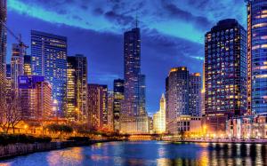 Chicago, Illinois, USA, city night, skyscraper, buildings, river, lights wallpaper thumb