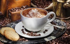 A cup of cappuccino coffee, saucer, grain, biscuits wallpaper thumb