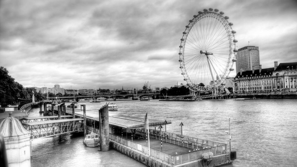 The London Eye On The Thames Hdr wallpaper,ferris wheel HD wallpaper,river HD wallpaper,black and white HD wallpaper,city HD wallpaper,nature & landscapes HD wallpaper,1920x1080 wallpaper