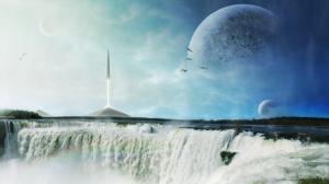 Future Rocket Takeoff Planet Waterfall HD wallpaper thumb