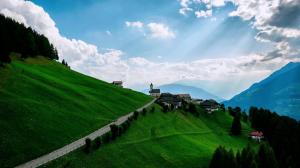 Mountains, meadows, hills, houses, roads, sky, clouds, scenery wallpaper thumb