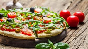 pizza, tomatoes, basil, arugula, olives wallpaper thumb