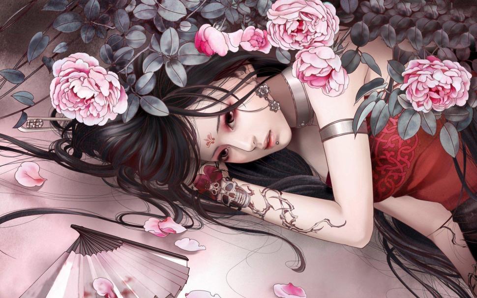 Anime girl covered in roses wallpaper,anime HD wallpaper,1920x1200 HD wallpaper,rose HD wallpaper,woman HD wallpaper,tattoo HD wallpaper,1920x1200 wallpaper