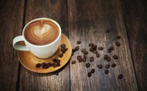 Coffee, cup, foam, drink, coffee beans, wood desktop wallpaper thumb