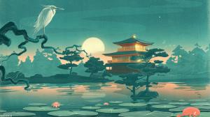 Asian Blue Night Bird Lake Trees Lilypad Moon HD wallpaper thumb