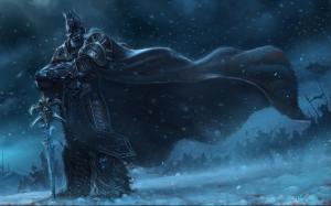 warcraft, lich king, sword, cloak, snow, cold wallpaper thumb