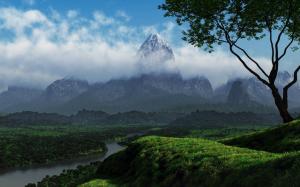 Nature, mountains, trees, river, green, clouds, hills wallpaper thumb