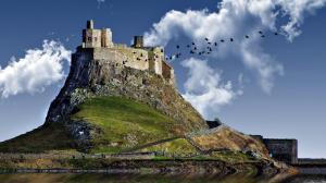 Crane Flying By A Castle On A Hill wallpaper thumb