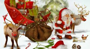 santa claus, reindeer, gifts, bag, christmas tree, bumps, bird wallpaper thumb