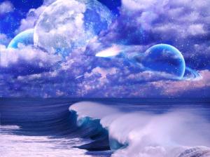 Art pictures, space, sky, clouds, stars, planet, sea, waves wallpaper thumb