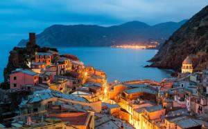 Vernazza, Italy, Cinque Terre, Liguria, evening, city, lights, houses wallpaper thumb