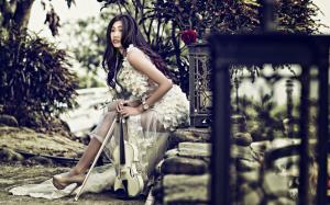 Long hair Asian girl, violin, music, stones, rose wallpaper thumb