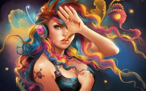 Colorful hair fantasy girl listening to music wallpaper thumb