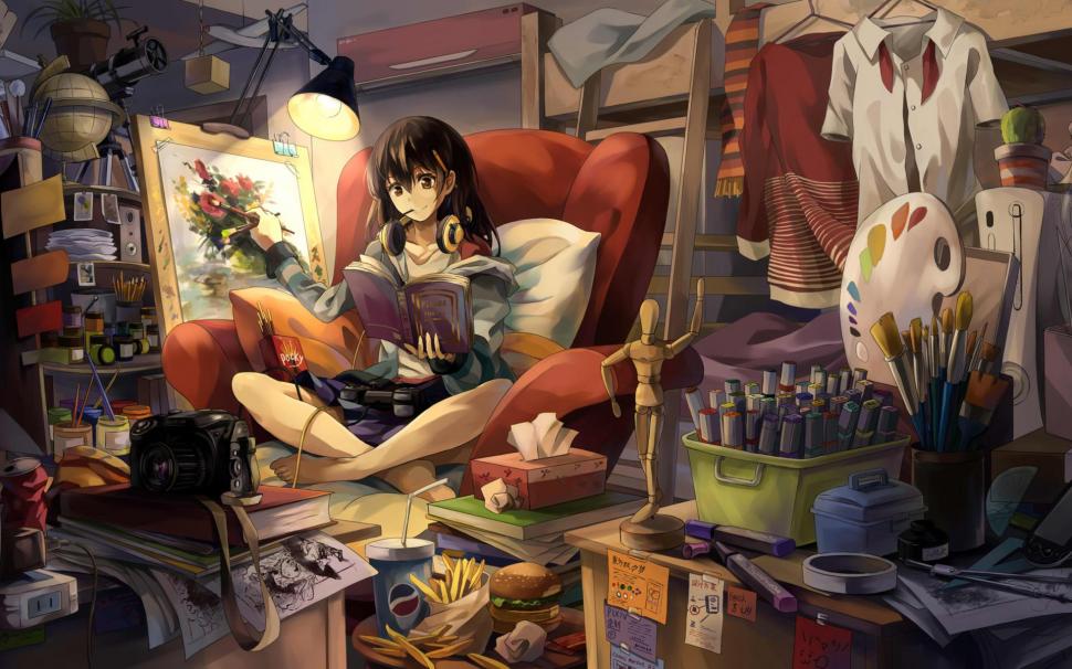Girl reading while painting wallpaper,anime HD wallpaper,1920x1200 HD wallpaper,room HD wallpaper,woman HD wallpaper,painting HD wallpaper,reading HD wallpaper,1920x1200 wallpaper