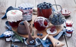 Still life, blueberries, jam, wood board wallpaper thumb