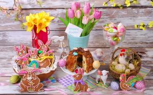 Easter eggs, flowers, tulips, cookies, bread wallpaper thumb