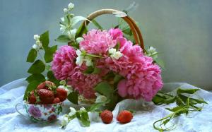 Pink peonies and white jasmine, basket, strawberry wallpaper thumb