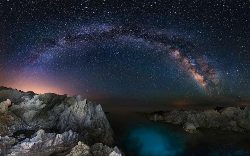 Starry Night Milky Way Long Exposure Rock Coast Sea Lights