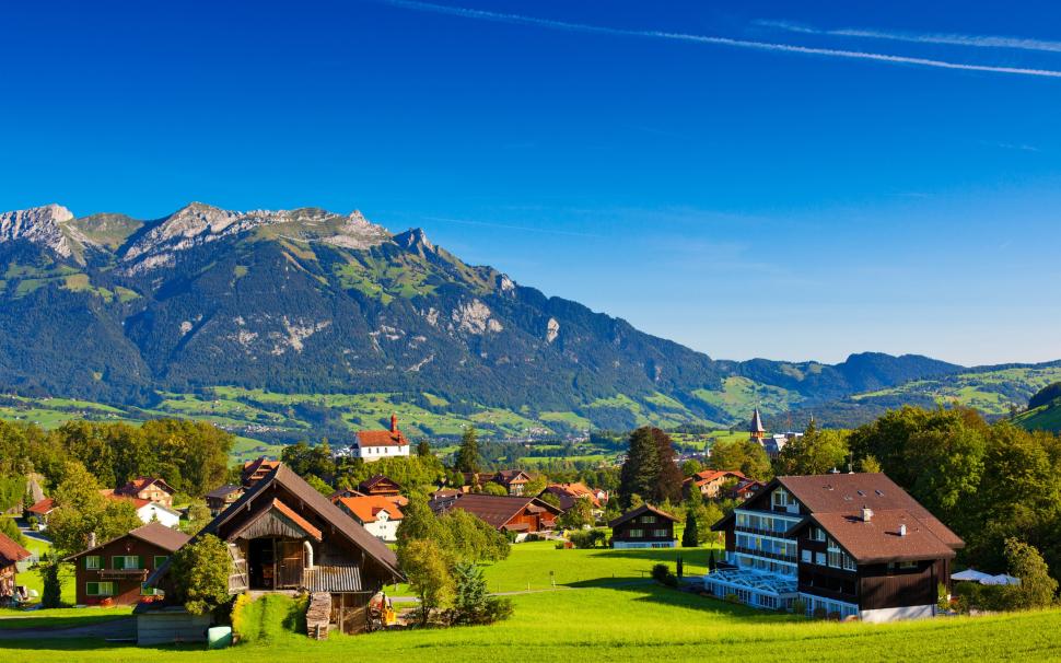 Switzerland Alps Mountains Summer Nature Greenery Houses