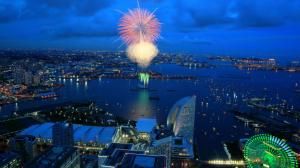 City night, fireworks, houses, lights, bay, Yokohama, Japan wallpaper thumb