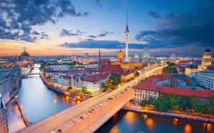 Berlin, Germany, city, night, lights, river, tower, houses wallpaper thumb