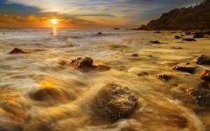 Rocks Stones Sunset Ocean Beach Sunlight HD wallpaper thumb