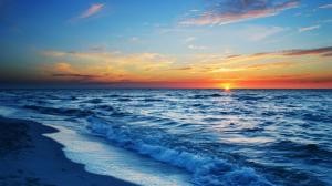 Sunset sea beach, waves, blue, orange sky wallpaper thumb